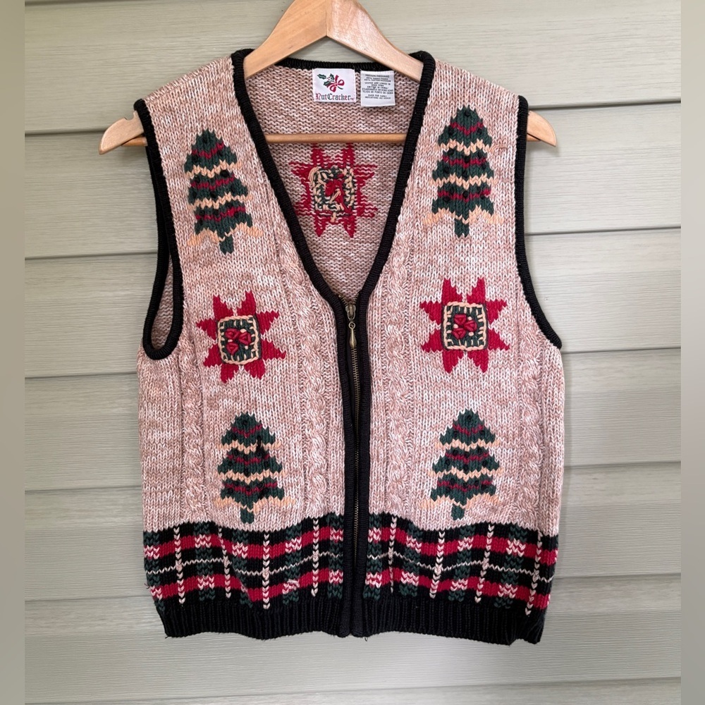 NUTCRACKER vintage knit holiday sweater folk cardigan vest rustic cottage sz M
